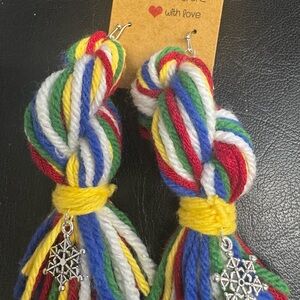 Colorful Knotted Yarn Earrings with Silver Charms